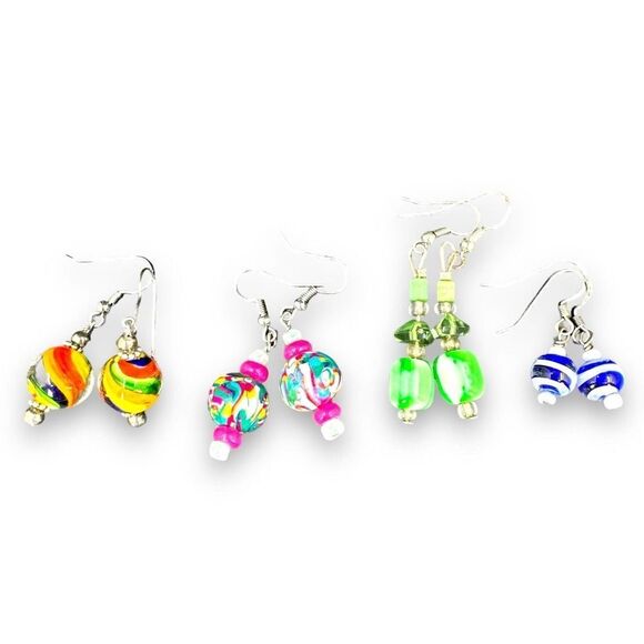 Lot 4 Glass Beads Dangle Earrings Silver Plated Blown Glass - Picture 1 of 7